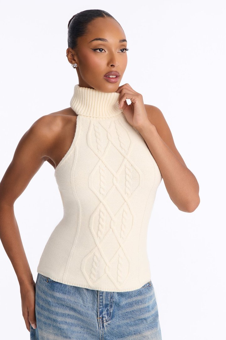 Morning Breeze Backless Halter Sweater Top - Cream