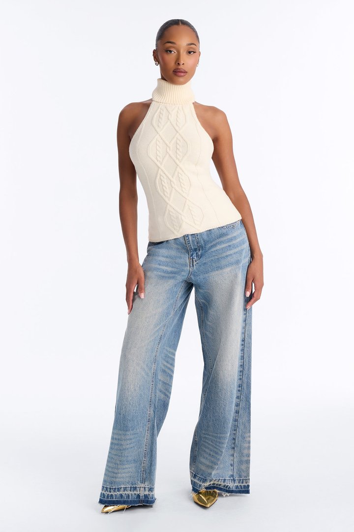Morning Breeze Backless Halter Sweater Top - Cream