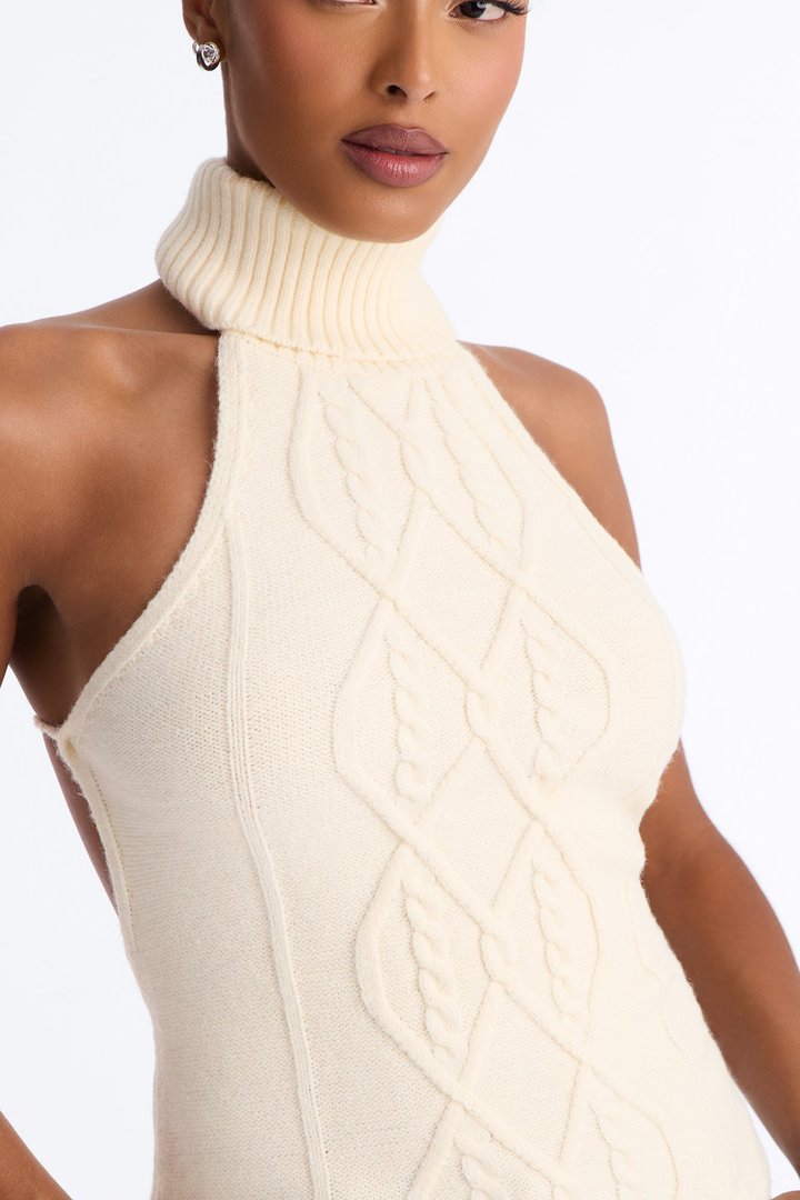 Morning Breeze Backless Halter Sweater Top - Cream