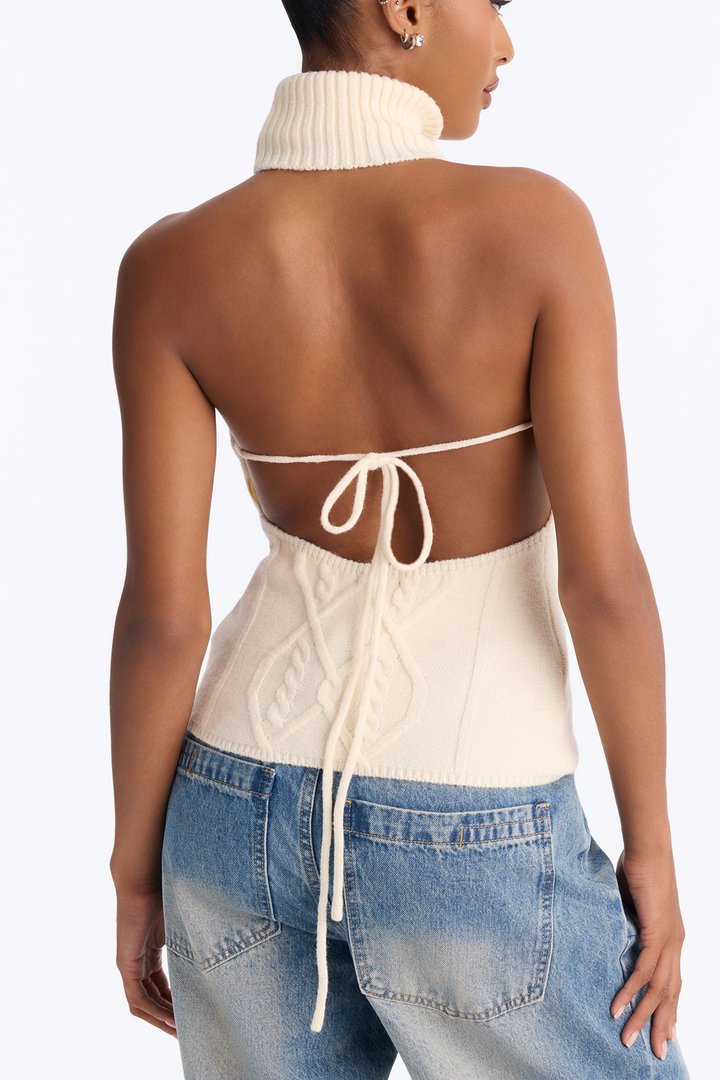 Morning Breeze Backless Halter Sweater Top - Cream