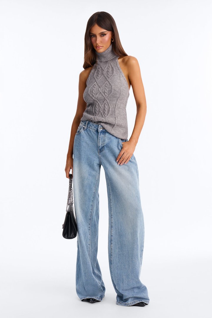 Morning Breeze Backless Halter Sweater Top - Heather Grey