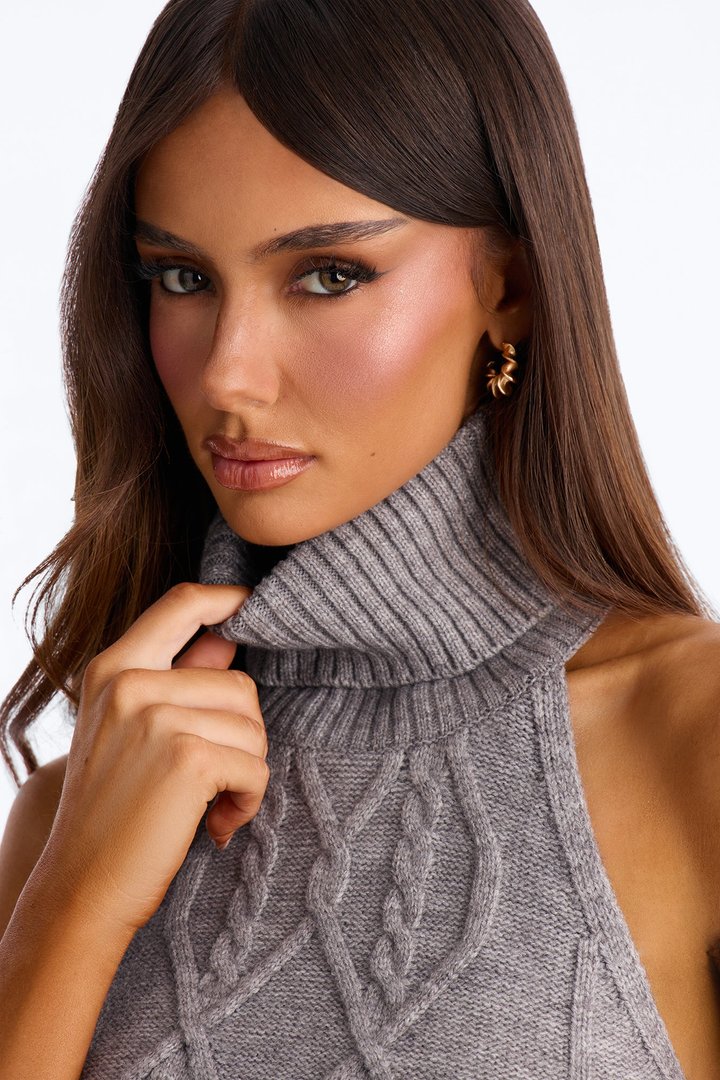 Morning Breeze Backless Halter Sweater Top - Heather Grey