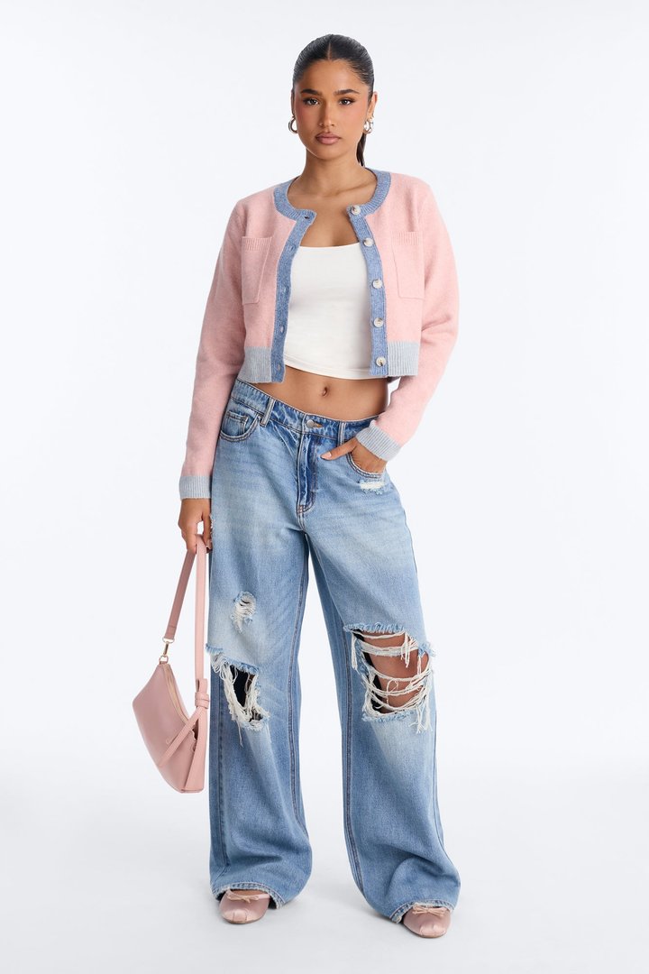 Blushing Button Up Cropped Cardigan - Pink/combo