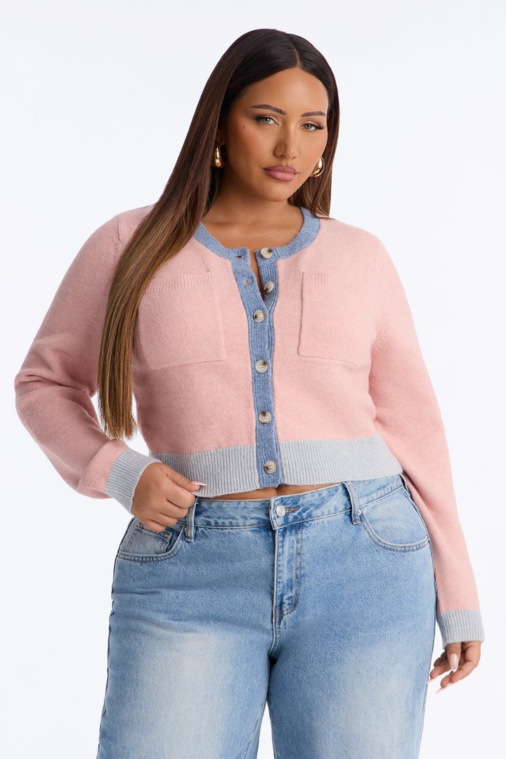 Blushing Button Up Cropped Cardigan - Pink/combo