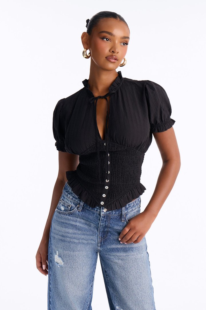 Give To You Smocked Puff Sleeve Blouse - Black