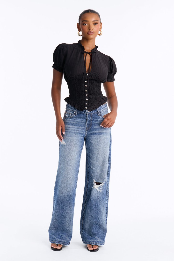 Give To You Smocked Puff Sleeve Blouse - Black