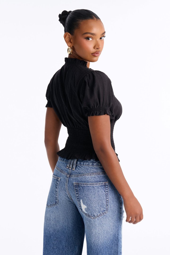 Give To You Smocked Puff Sleeve Blouse - Black