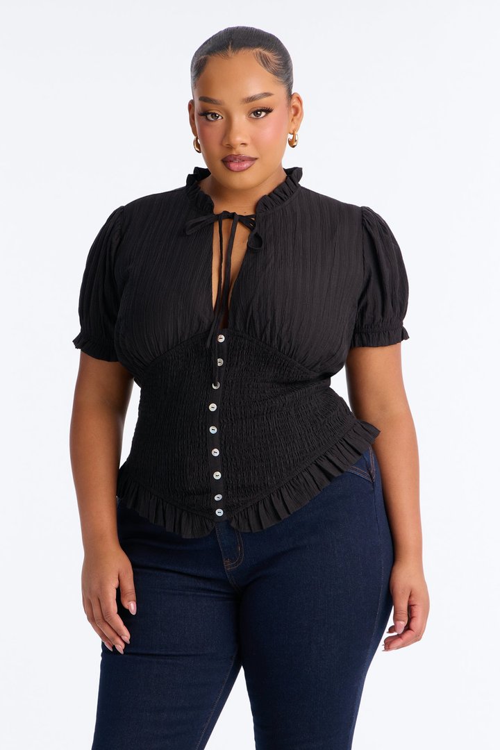 Give To You Smocked Puff Sleeve Blouse - Black