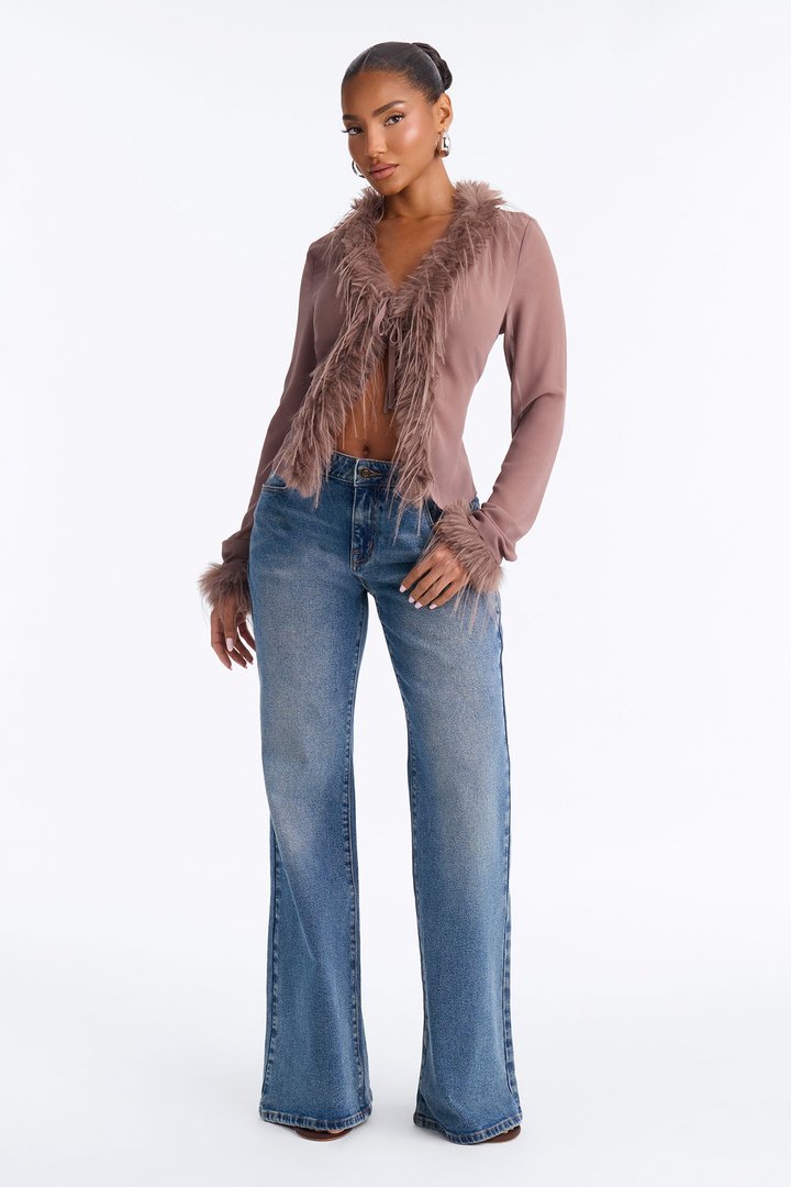 Simple Life Flyaway Fur Trim Top - Mocha