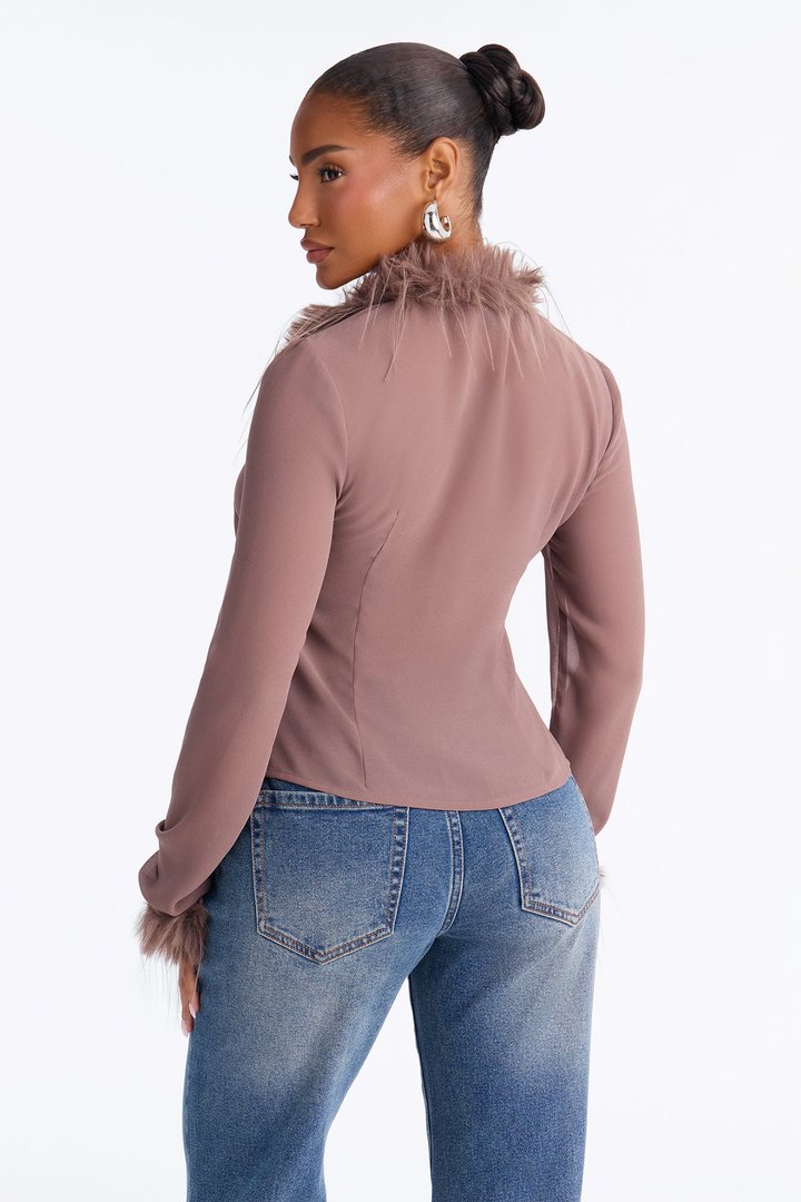 Simple Life Flyaway Fur Trim Top - Mocha