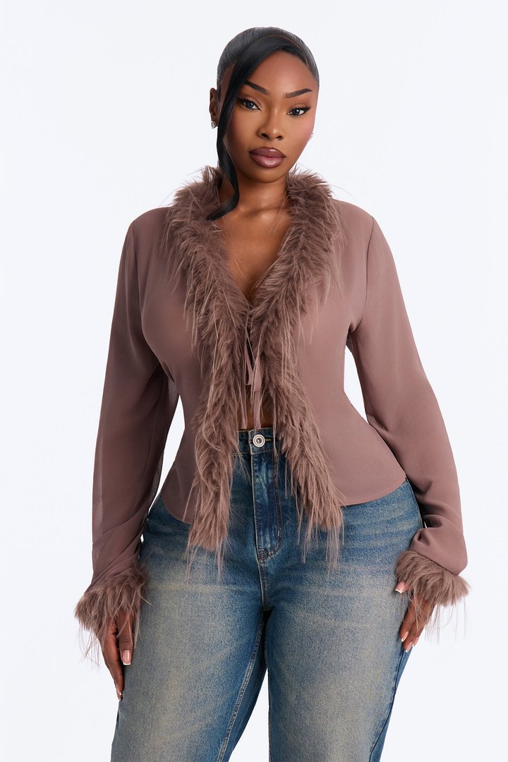 Simple Life Flyaway Fur Trim Top - Mocha