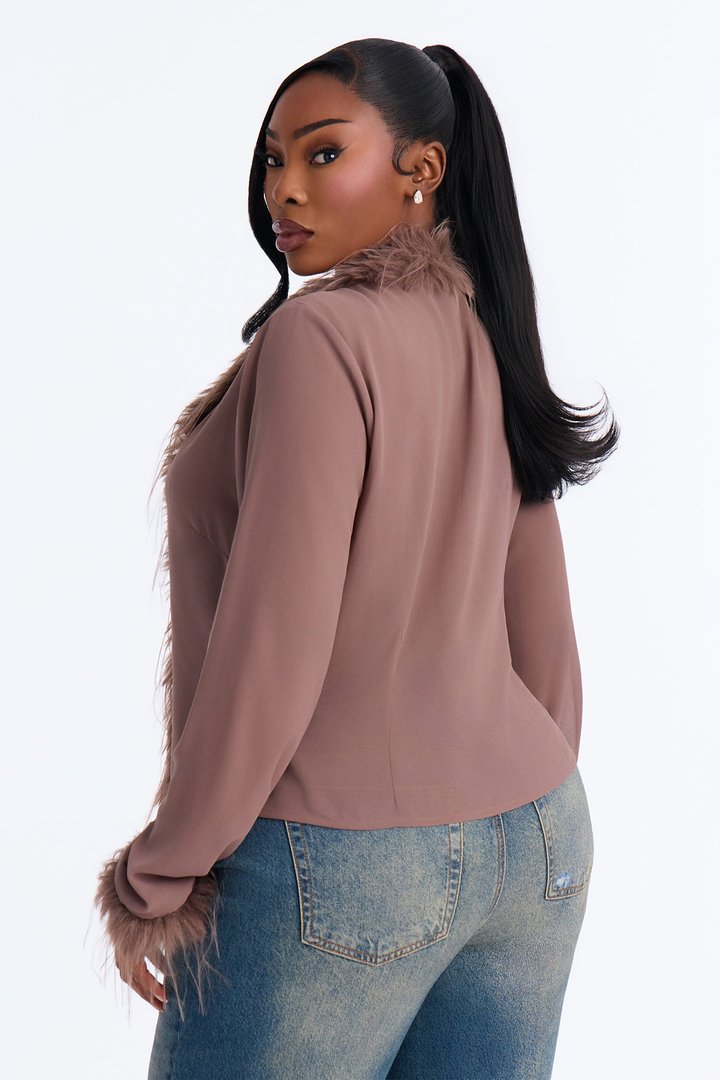 Simple Life Flyaway Fur Trim Top - Mocha