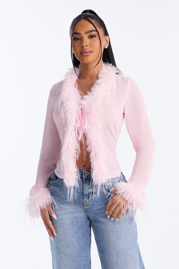 Simple Life Flyaway Fur Trim Top - Pink