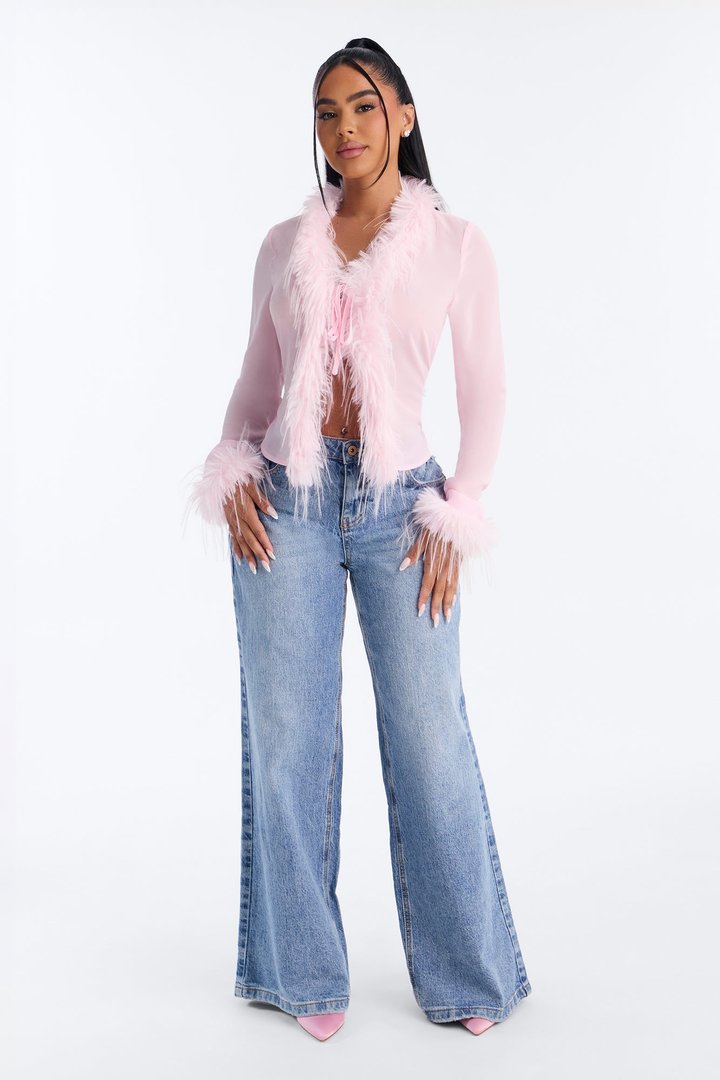 Simple Life Flyaway Fur Trim Top - Pink