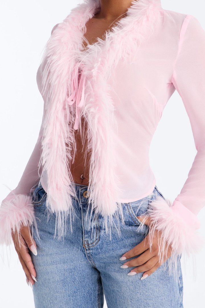 Simple Life Flyaway Fur Trim Top - Pink