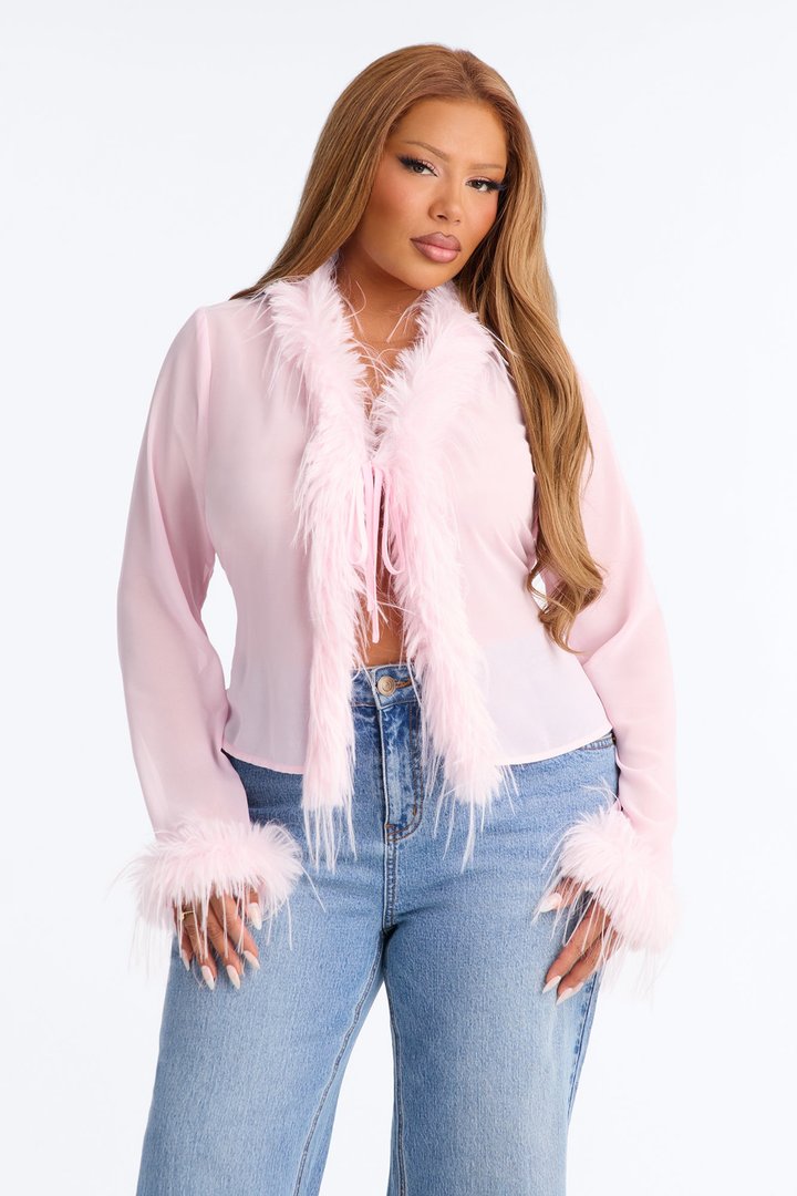 Simple Life Flyaway Fur Trim Top - Pink