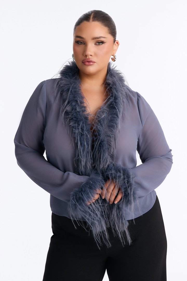 Simple Life Flyaway Fur Trim Top - Slate Blue