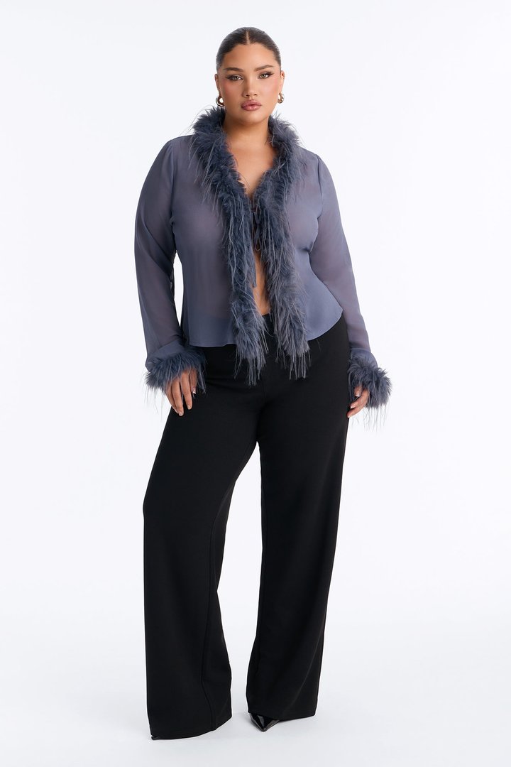 Simple Life Flyaway Fur Trim Top - Slate Blue