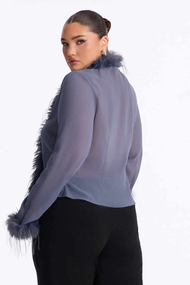 Simple Life Flyaway Fur Trim Top - Slate Blue