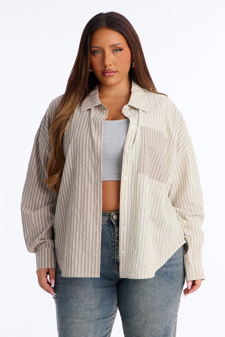 Salina Striped Button Up Shirt - Taupe/combo
