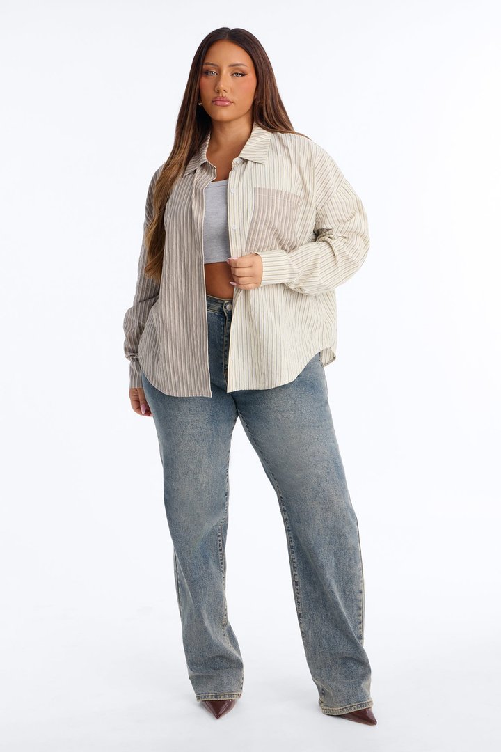 Salina Striped Button Up Shirt - Taupe/combo