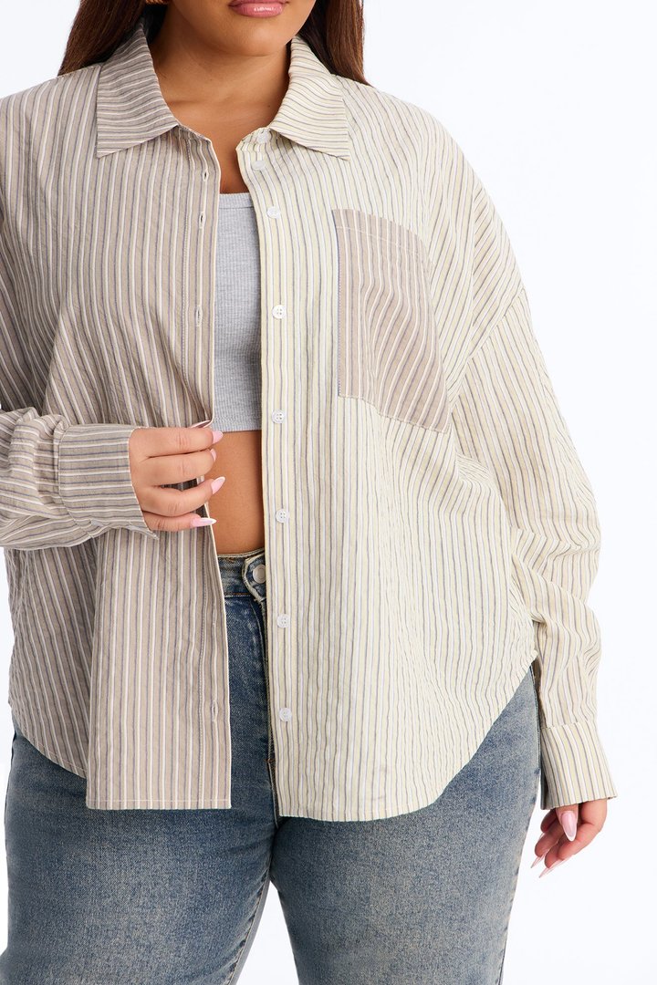 Salina Striped Button Up Shirt - Taupe/combo