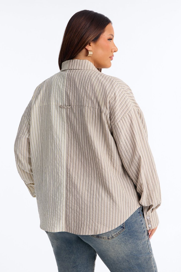 Salina Striped Button Up Shirt - Taupe/combo