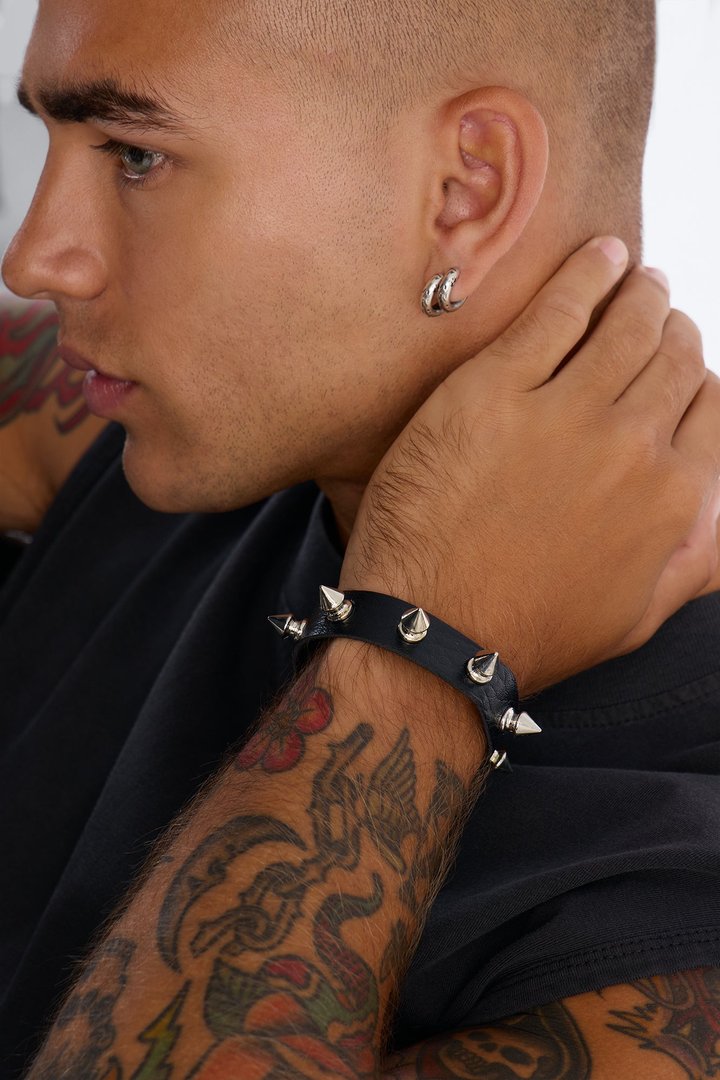 Grunge Studded Faux Leather Bracelet - Black/Silver