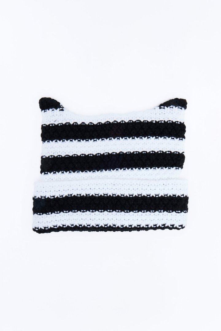 Striped Cat Ears Knit Beanie - Black/combo