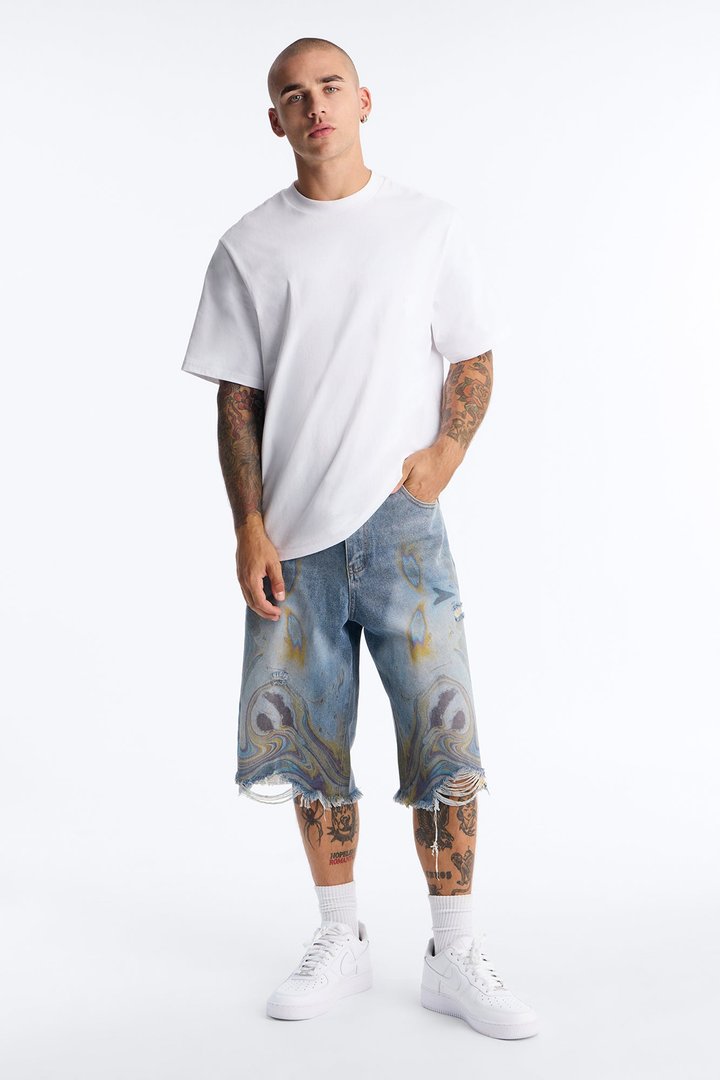 Baggy Oil Spill Denim Short - Medium Blue Wash