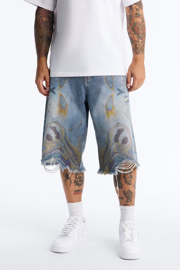 Baggy Oil Spill Denim Short - Medium Blue Wash