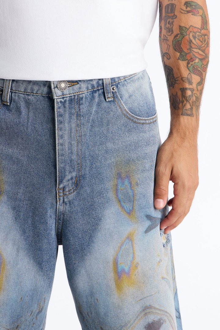 Baggy Oil Spill Denim Short - Medium Blue Wash