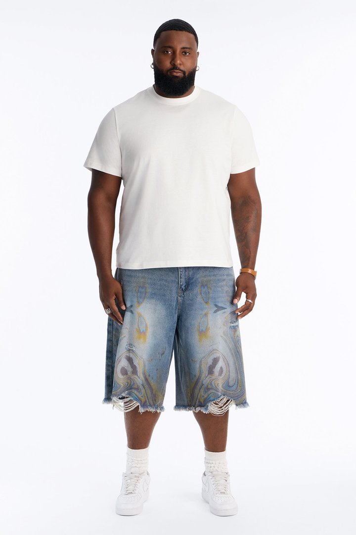 Baggy Oil Spill Denim Short - Medium Blue Wash