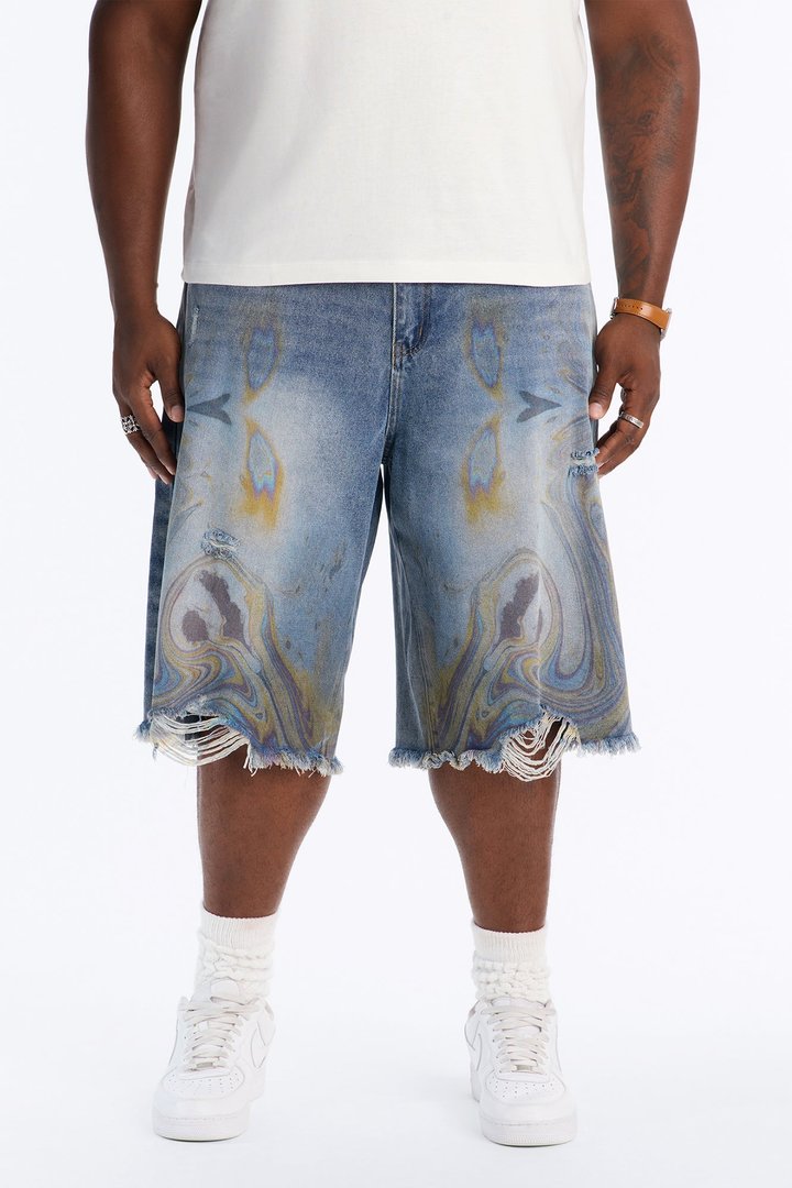 Baggy Oil Spill Denim Short - Medium Blue Wash