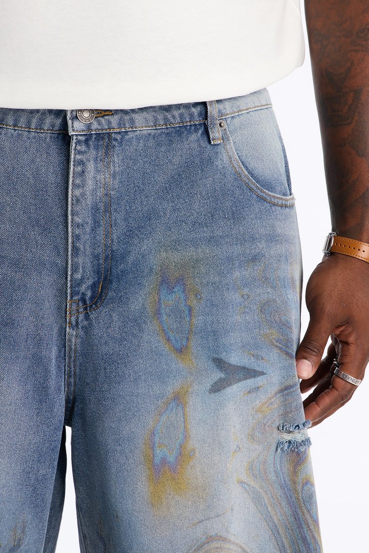 Baggy Oil Spill Denim Short - Medium Blue Wash
