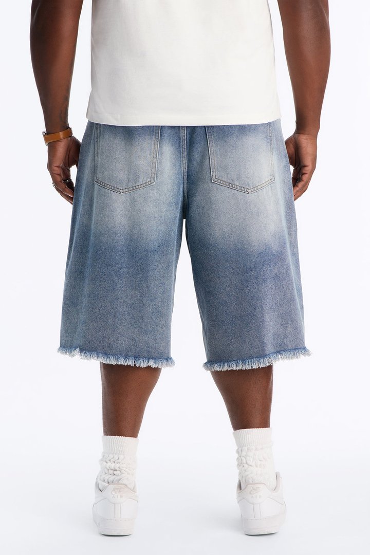 Baggy Oil Spill Denim Short - Medium Blue Wash