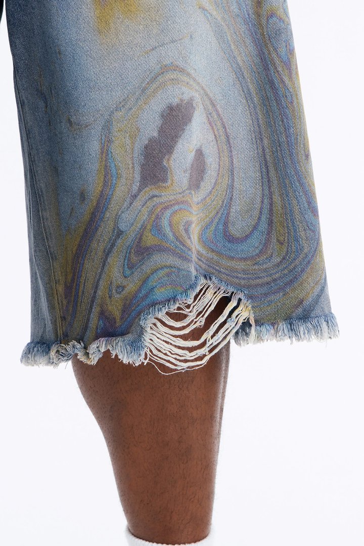 Baggy Oil Spill Denim Short - Medium Blue Wash