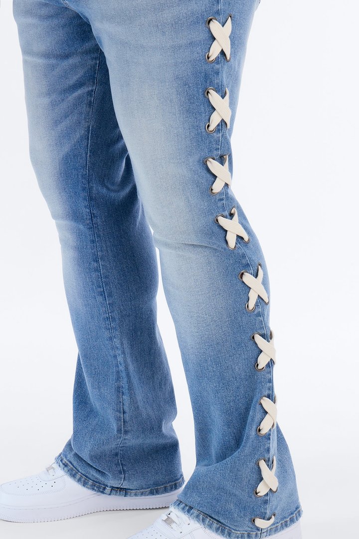 Stacked Slim Flare Lace Up Jean - Light Blue Wash