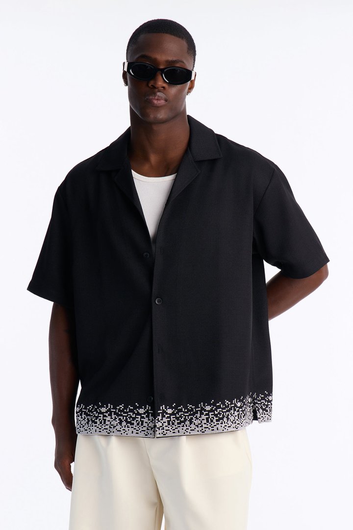 Relaxed Cascade Embroidered Cuban Button Up Shirt - Black/combo