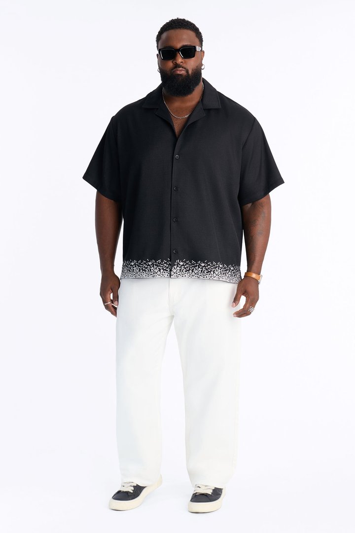 Relaxed Cascade Embroidered Cuban Button Up Shirt - Black/combo
