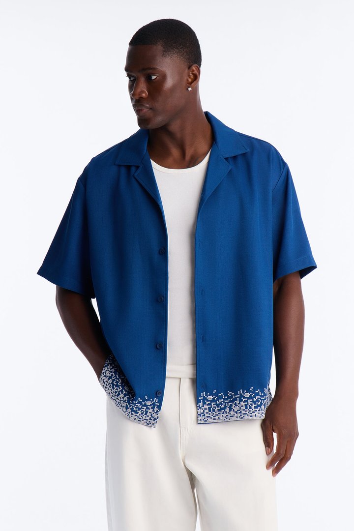 Relaxed Cascade Embroidered Cuban Button Up Shirt - Navy/combo