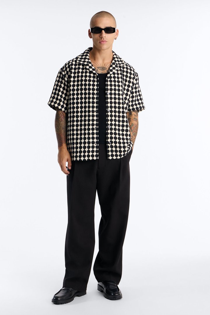 Relaxed Weaved Jacquard Cuban Collar Button Up Shirt - Black/combo