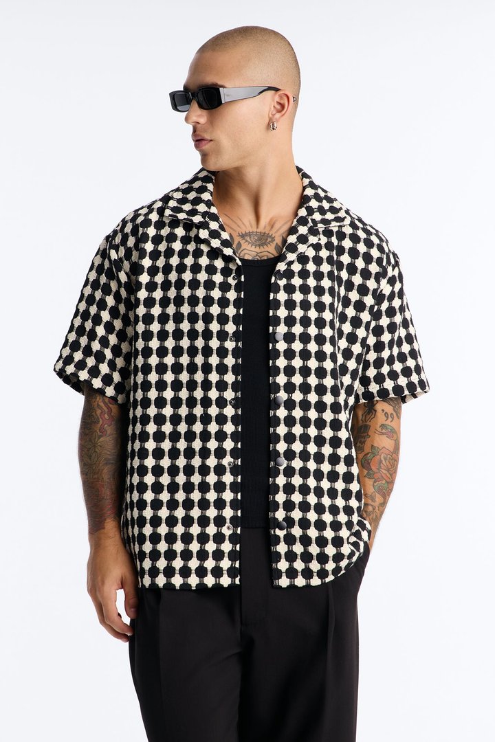 Relaxed Weaved Jacquard Cuban Collar Button Up Shirt - Black/combo