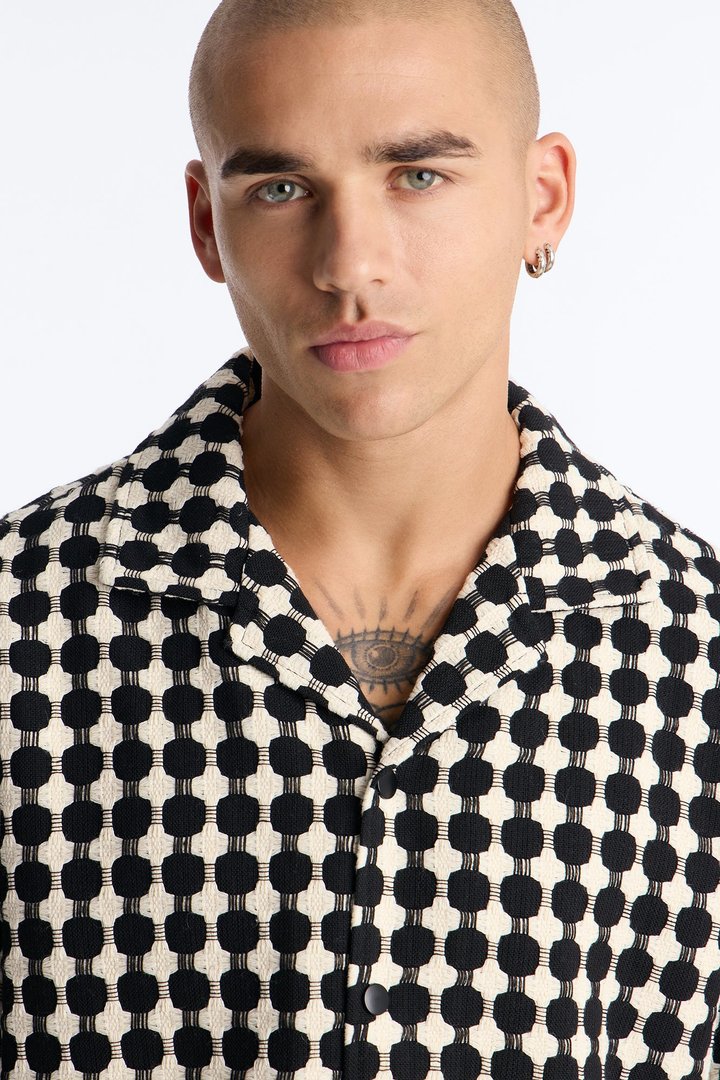 Relaxed Weaved Jacquard Cuban Collar Button Up Shirt - Black/combo