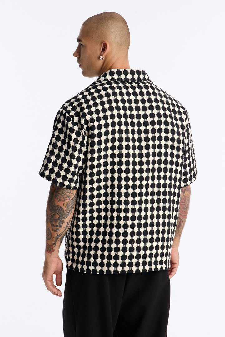 Relaxed Weaved Jacquard Cuban Collar Button Up Shirt - Black/combo