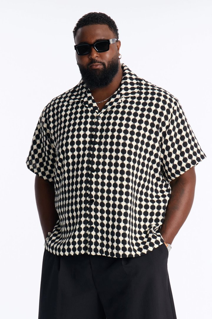 Relaxed Weaved Jacquard Cuban Collar Button Up Shirt - Black/combo