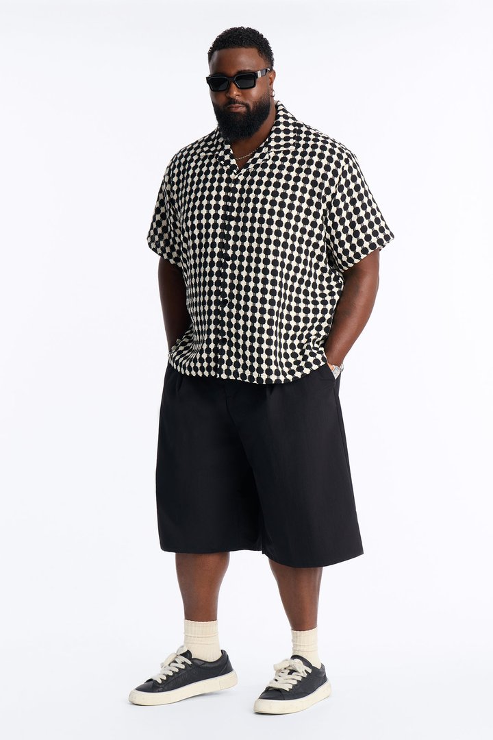 Relaxed Weaved Jacquard Cuban Collar Button Up Shirt - Black/combo