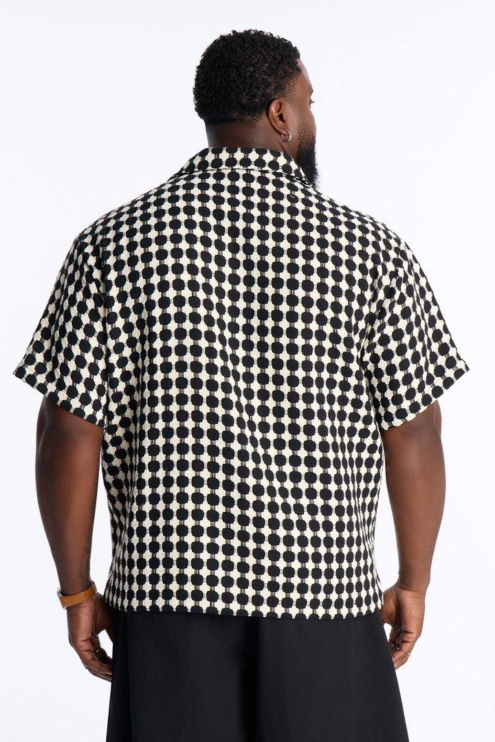 Relaxed Weaved Jacquard Cuban Collar Button Up Shirt - Black/combo