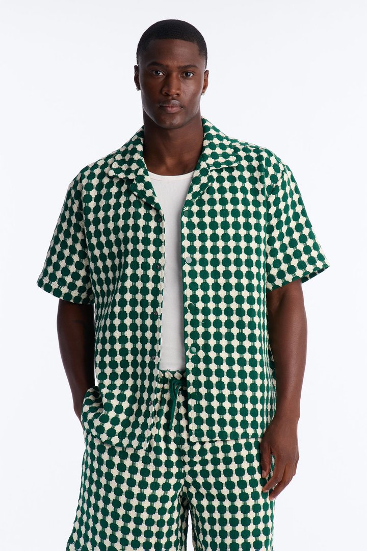 Relaxed Weaved Jacquard Cuban Collar Button Up Shirt - Green/combo