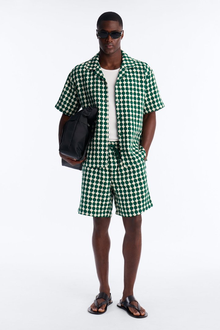 Relaxed Weaved Jacquard Cuban Collar Button Up Shirt - Green/combo